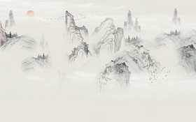 新中式国画壁纸背景墙手绘水墨山水茶室
