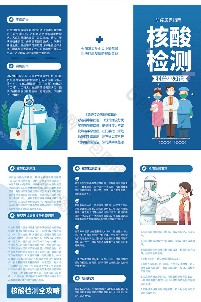 蓝色核酸检测科普小知识防疫手册三折页