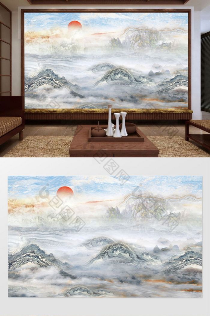 最新创意大理石高山流水山水背景墙图片图片