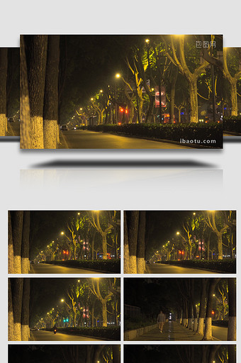 孤独氛围城市街道夜景梧桐树4K实拍图片