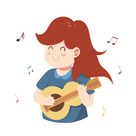 卡通小女孩弹吉他音符元素动图GIF