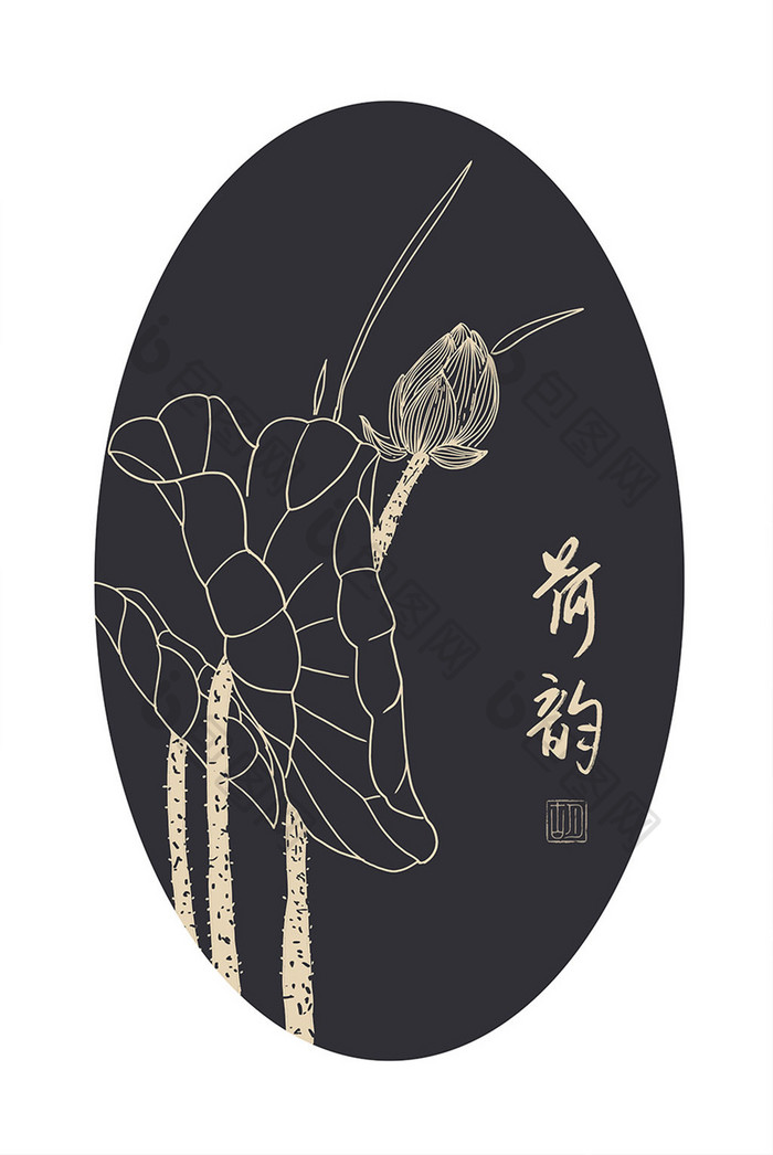 中式复古线描荷花装饰画