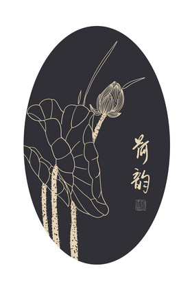 中式复古线描荷花装饰画