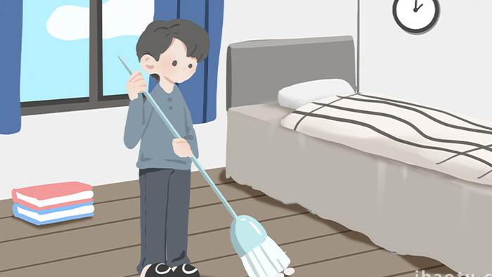 易用卡通mg动画插画男人在扫地