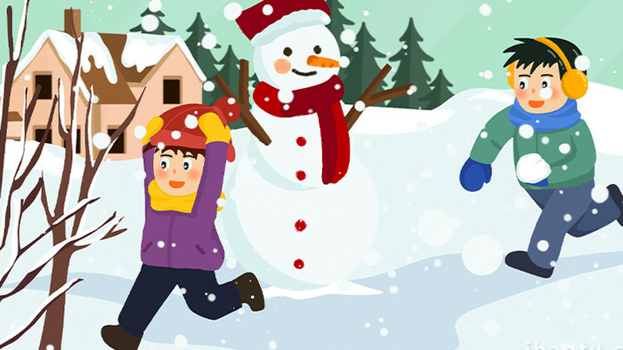 易用卡通mg动画冬日童趣两小孩打雪仗