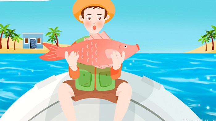 易用卡通mg动画夏天类渔民抱着大鱼