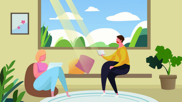 易用卡通类mg动画插画居家晒太阳