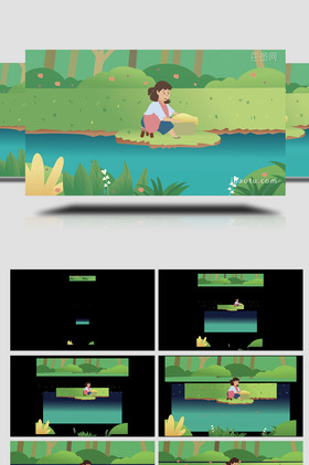 易用卡通类mg动画插画夏天小溪边洗衣服