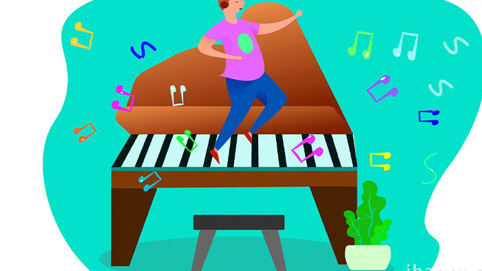 易用卡通mg动画儿童节男孩踩在钢琴键上