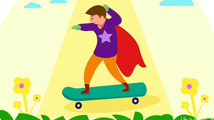 易用卡通mg动画儿童节男孩围红披风滑板