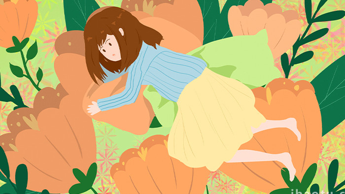 易用mg动画插画类儿童节小女孩睡在花丛中