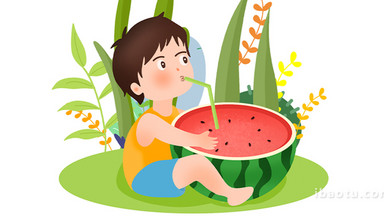 易用卡通mg动画夏天抱着西瓜喝西瓜汁