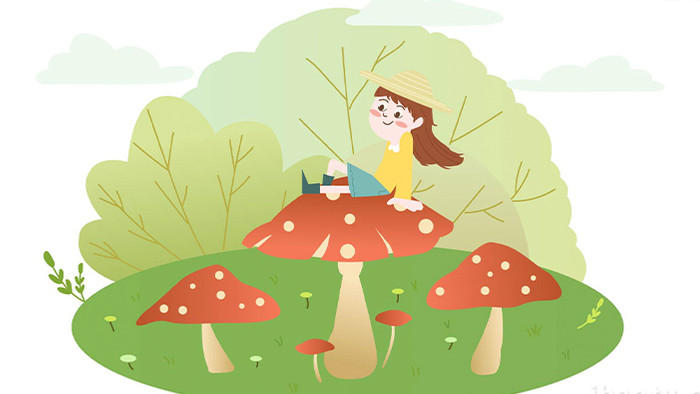易用卡通mg动画童趣小女孩坐在蘑菇上
