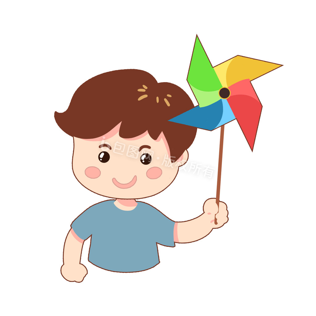 卡通拿风车玩耍的小男孩动图GIF图片