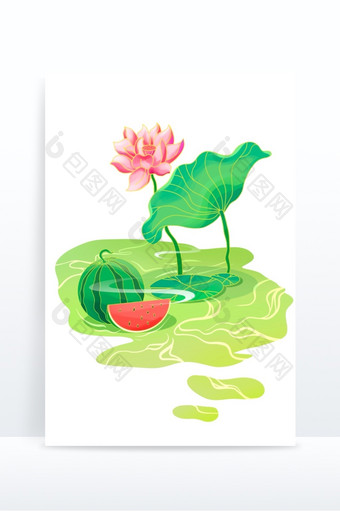 国潮立夏植物手绘荷花西瓜元素图片
