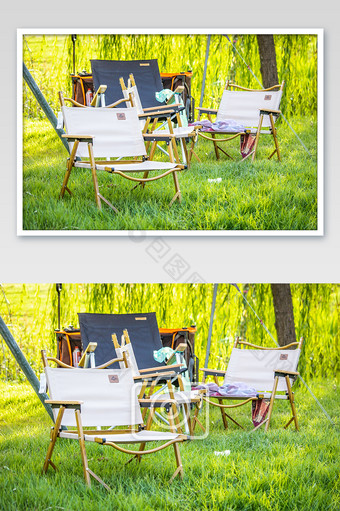 夏天露营户外桌椅与草地的摄影图片