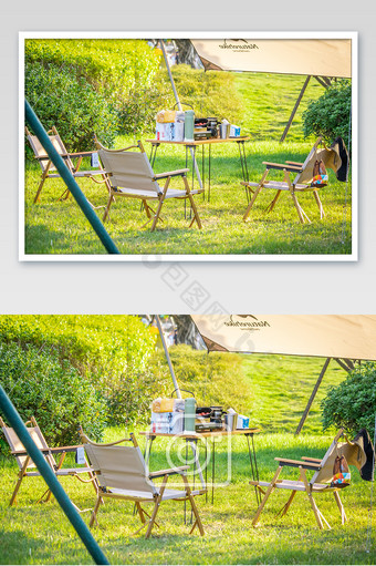 夏天露营户外桌椅与草地摄影图片