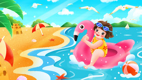 夏天沙滩游泳度假女孩插画