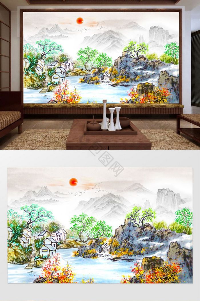 新中式国画山水风光背景墙图片