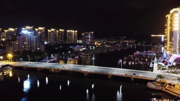 大气海南三亚桥港湾城市夜景灯光秀4K航拍