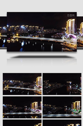 大气海南三亚桥港湾城市夜景灯光秀4K航拍图片