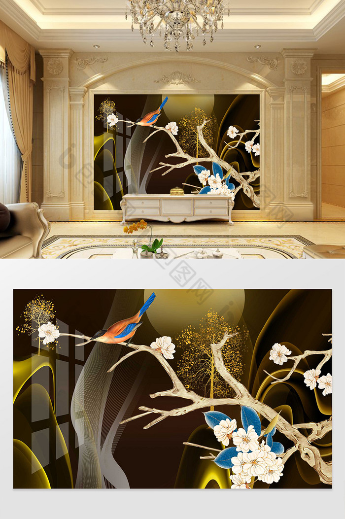 新中式山水花鸟复古背景墙图片图片