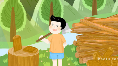 易用卡通mg动画插画乡村砍柴的男孩