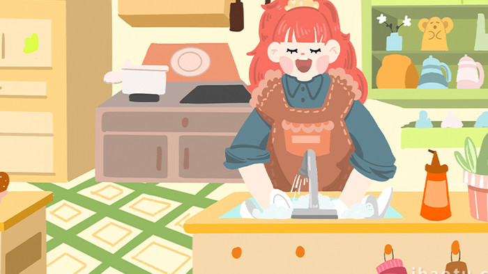 易用卡通mg动画居家家务女人洗碗