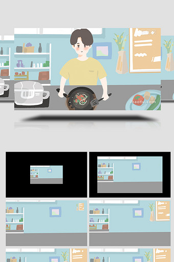 易用卡通mg动画居家男人在厨房炒菜图片