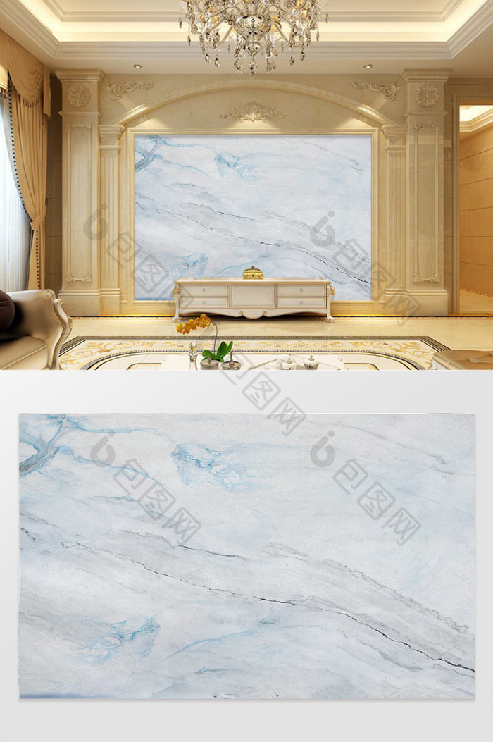 中式蓝色水墨大理石纹理客厅背景墙