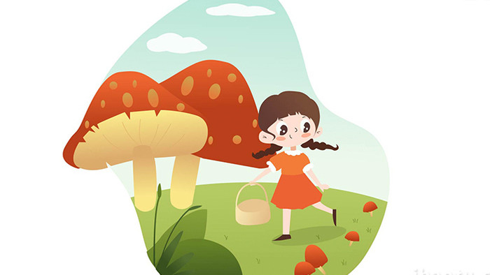 易用卡通mg动画女孩拿着篮子采蘑菇