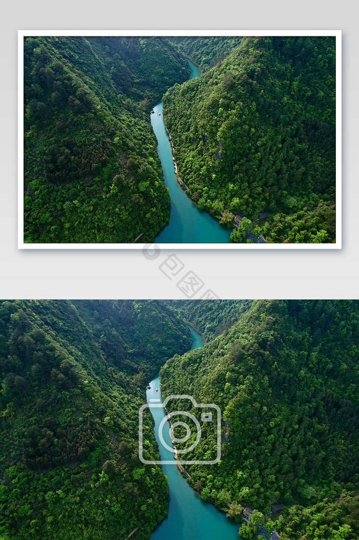 航拍夏天的贵州的森林与小溪摄影图片