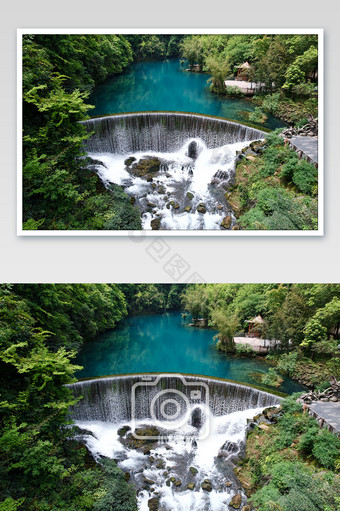 航拍夏天的贵州的森林小溪摄影图片