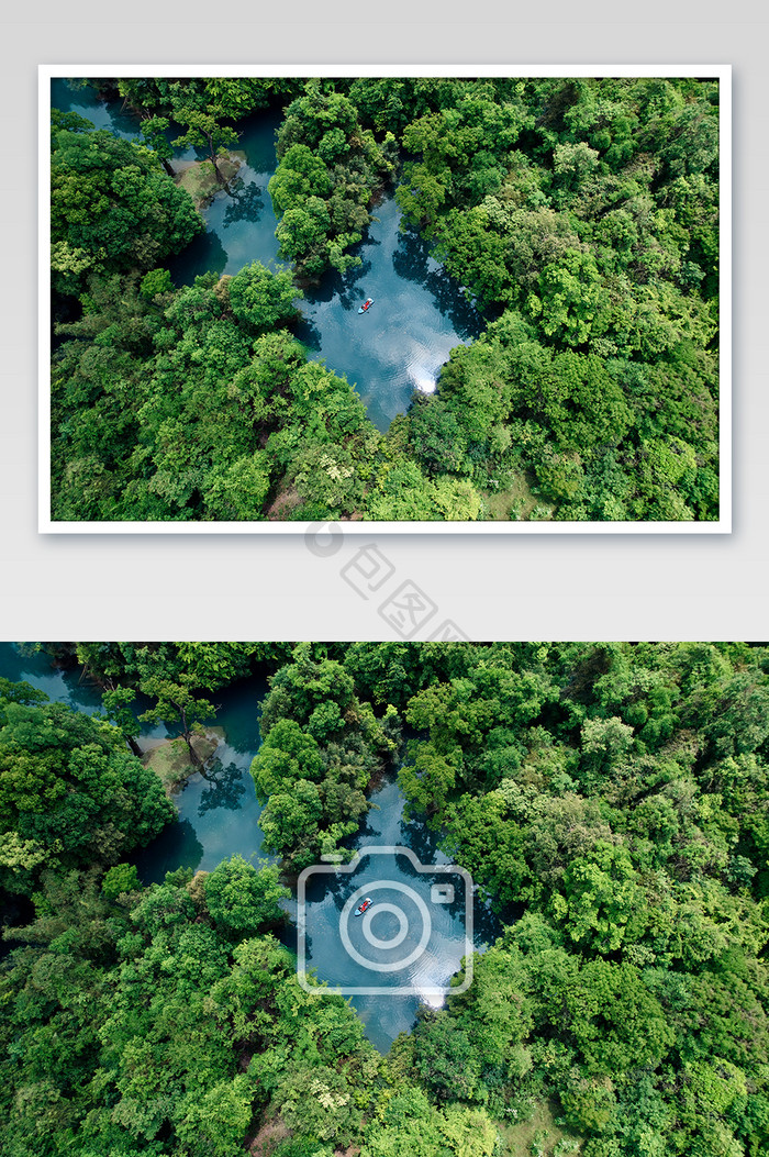 航拍夏天的贵州的森林的小溪摄影图片