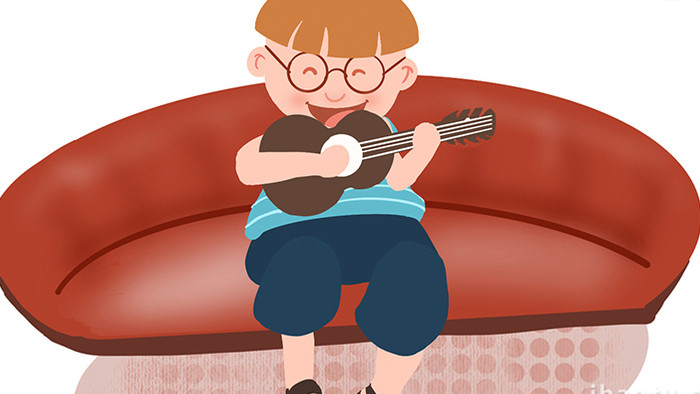 易用卡通mg动画男孩在家弹吉他
