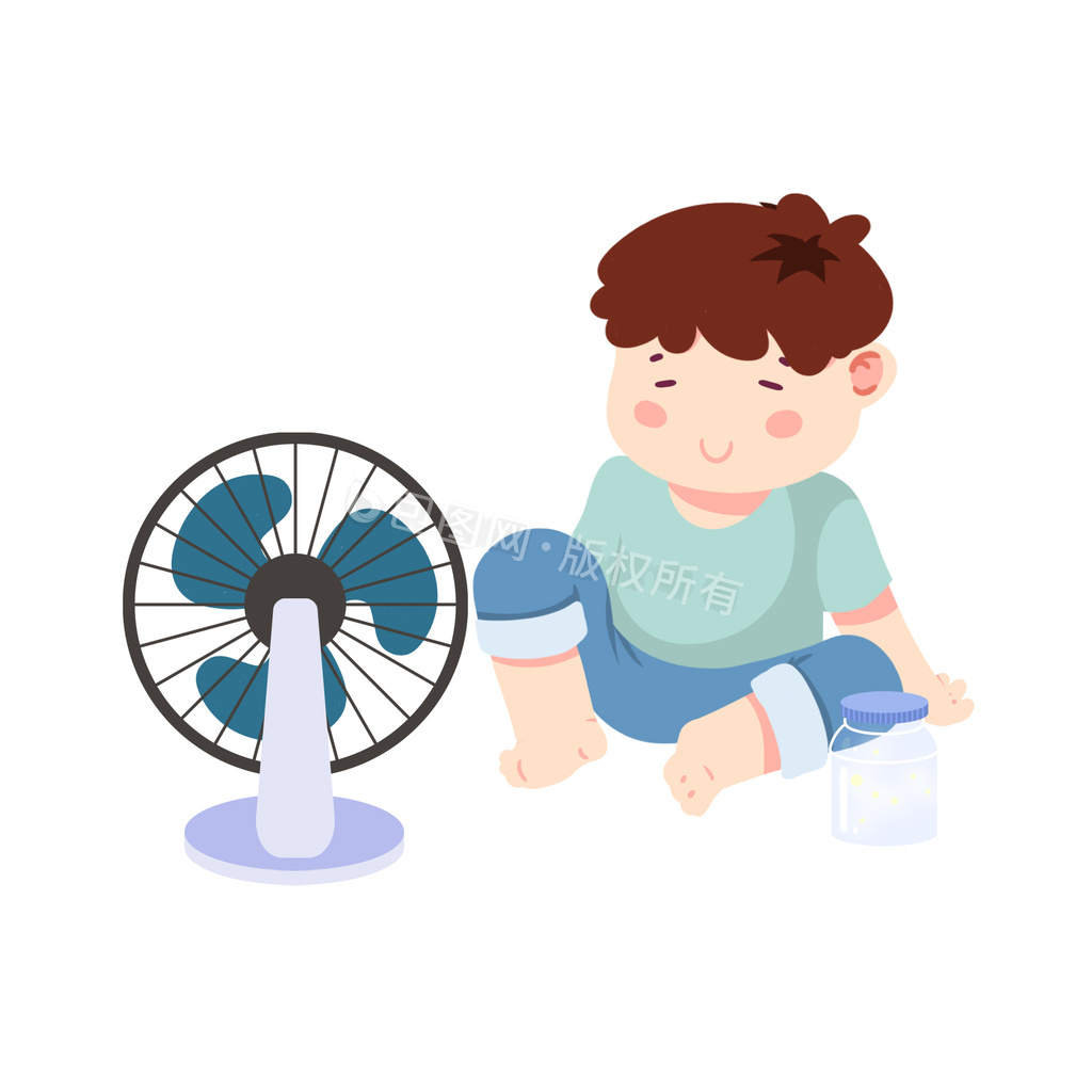 卡通夏天小男孩吹风扇动图gif