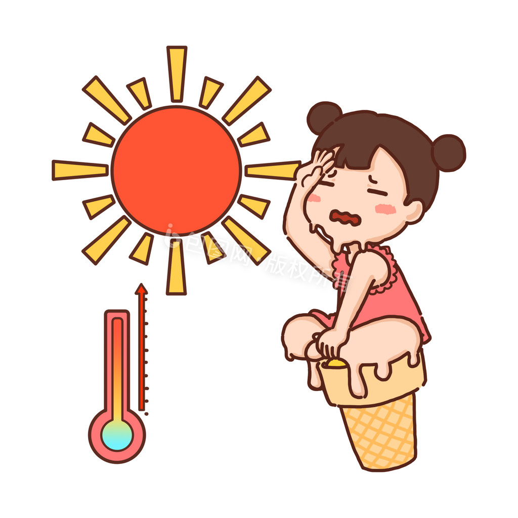 卡通小女孩太阳温度上升高温预警动图GIF图片