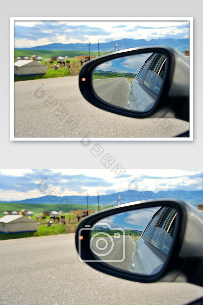 旅途中的汽车后视镜的摄影图片