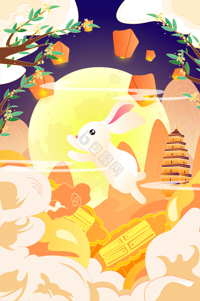 中秋节吃月饼赏月兔子放孔明灯插画图片