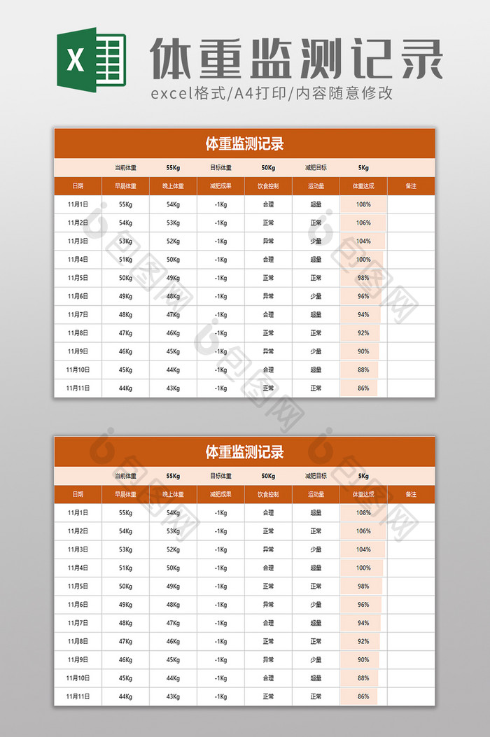 体重监测记录excel模板