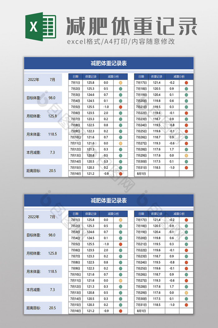 减肥体重记录表excel模板图片图片