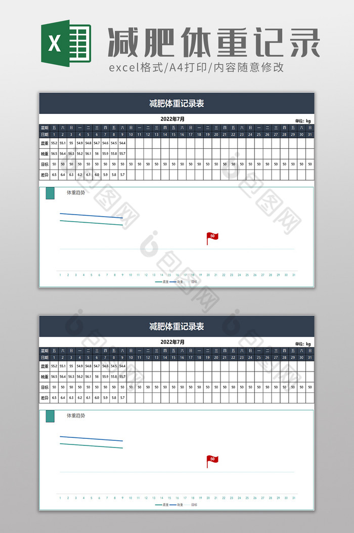 简洁减肥体重记录表excel模板图片图片