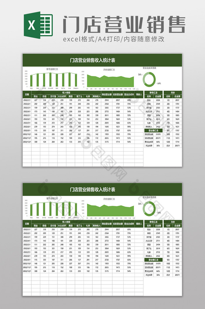 门店营业销售收入统计表excel模板图片图片