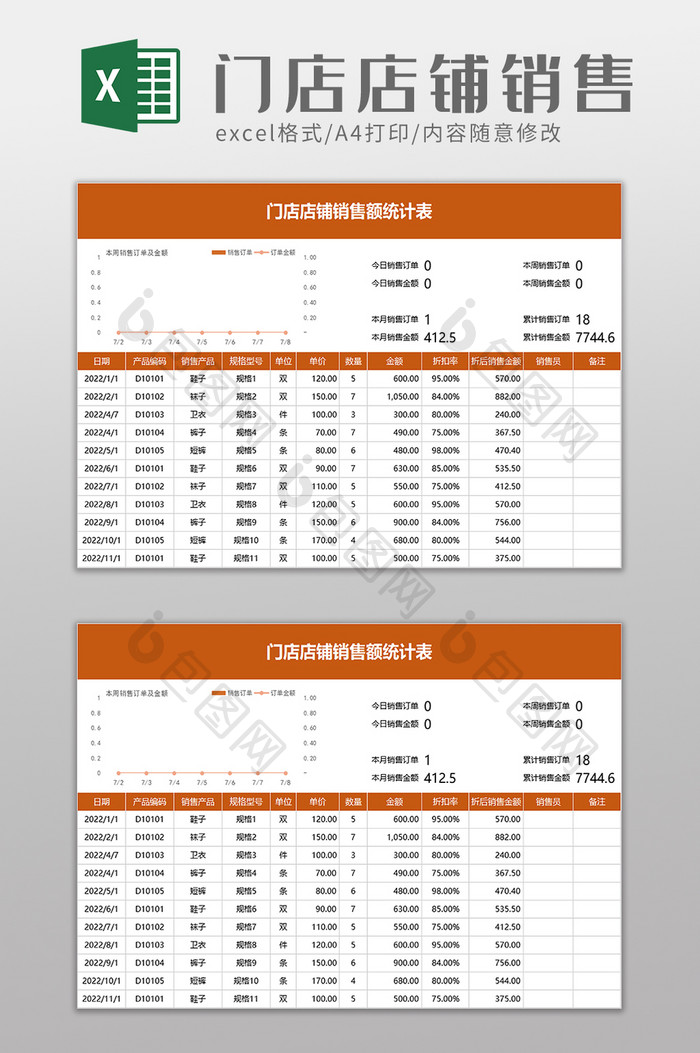 门店店铺销售额统计表excel模板