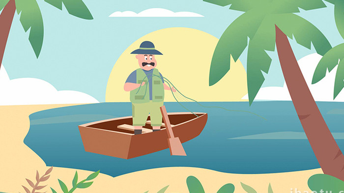 易用卡通mg动画夏天渔民划船打渔