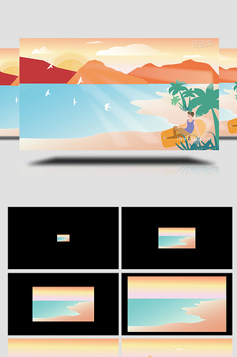 易用卡通mg动画在沙滩上晒太阳图片