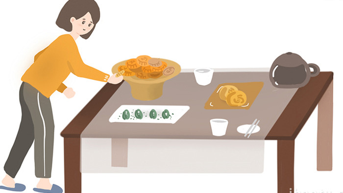 易用卡通mg动画中秋节摆桌子吃糕点