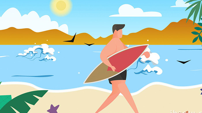 易用卡通mg动画沙滩男人拿着冲浪板