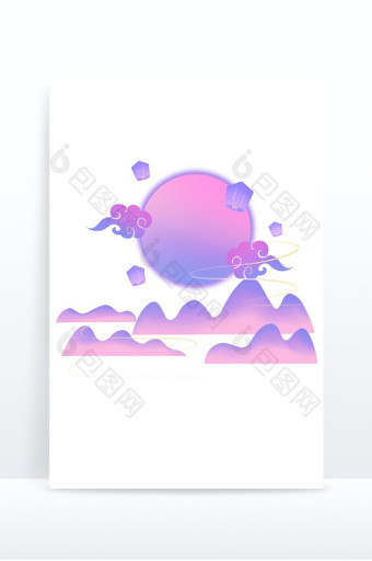 节日元素七夕元素紫色月亮灯笼山梦幻插画图片