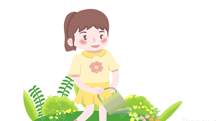 易用卡通mg动画小女孩拿着浇水壶浇花